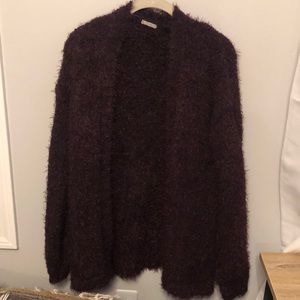 fuzzy maroon cardigan